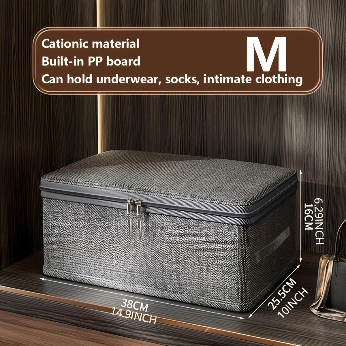 Gray storage box with text on a wooden background