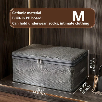 Gray storage box with text on a wooden background