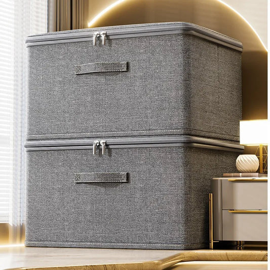 Gray storage box with zippers on a light-colored floor.