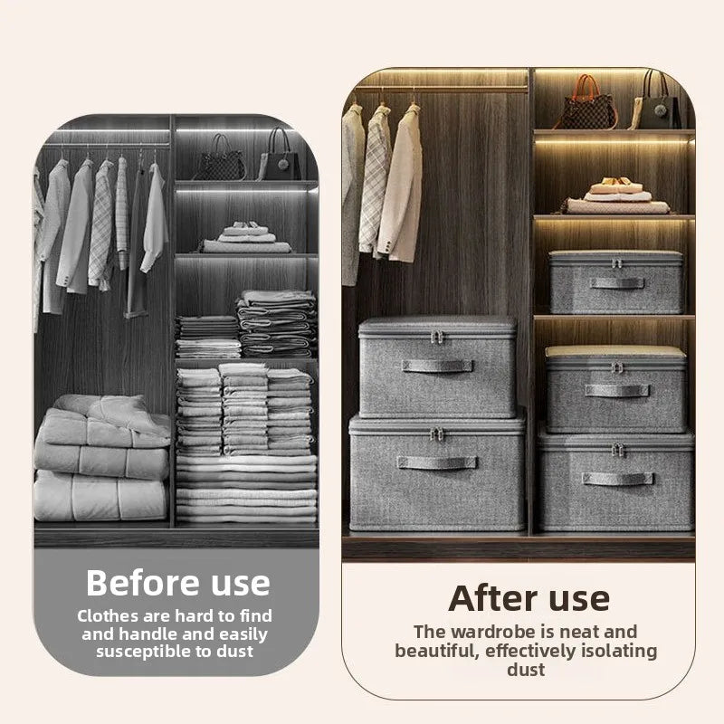 Comparison of a wardrobe before and after using storage boxes to keep clothes organized and dust-free.