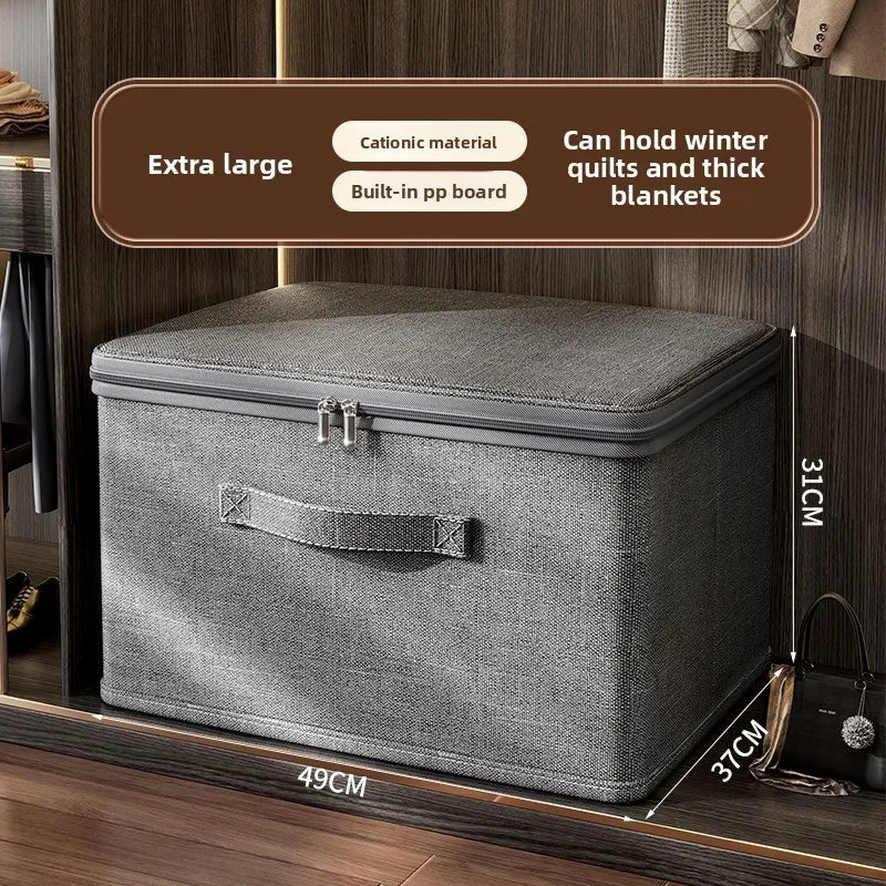 Gray storage box with text indicating its size and features on a wooden shelf.