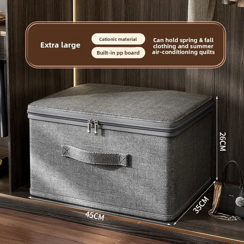 Gray storage box with text on a wooden background