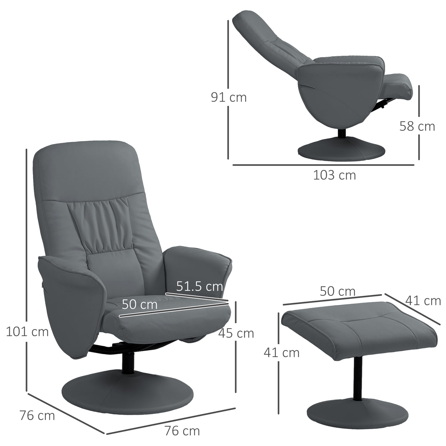Gray recliner chair with ottoman and dimensions on a white background