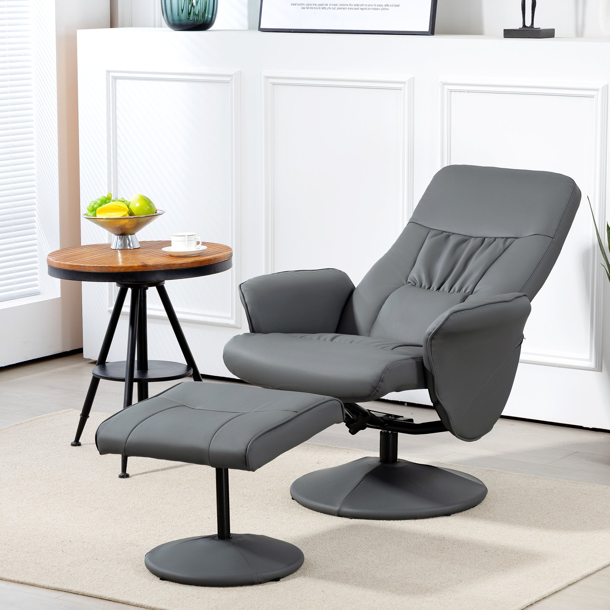 Gray recliner chair with ottoman in a living room setting