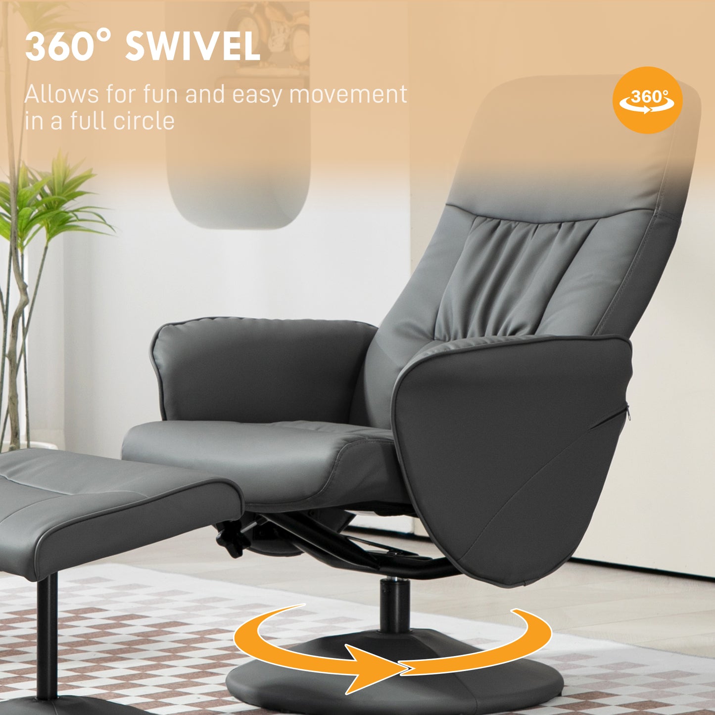 Gray recliner chair with 360-degree swivel feature on a neutral background