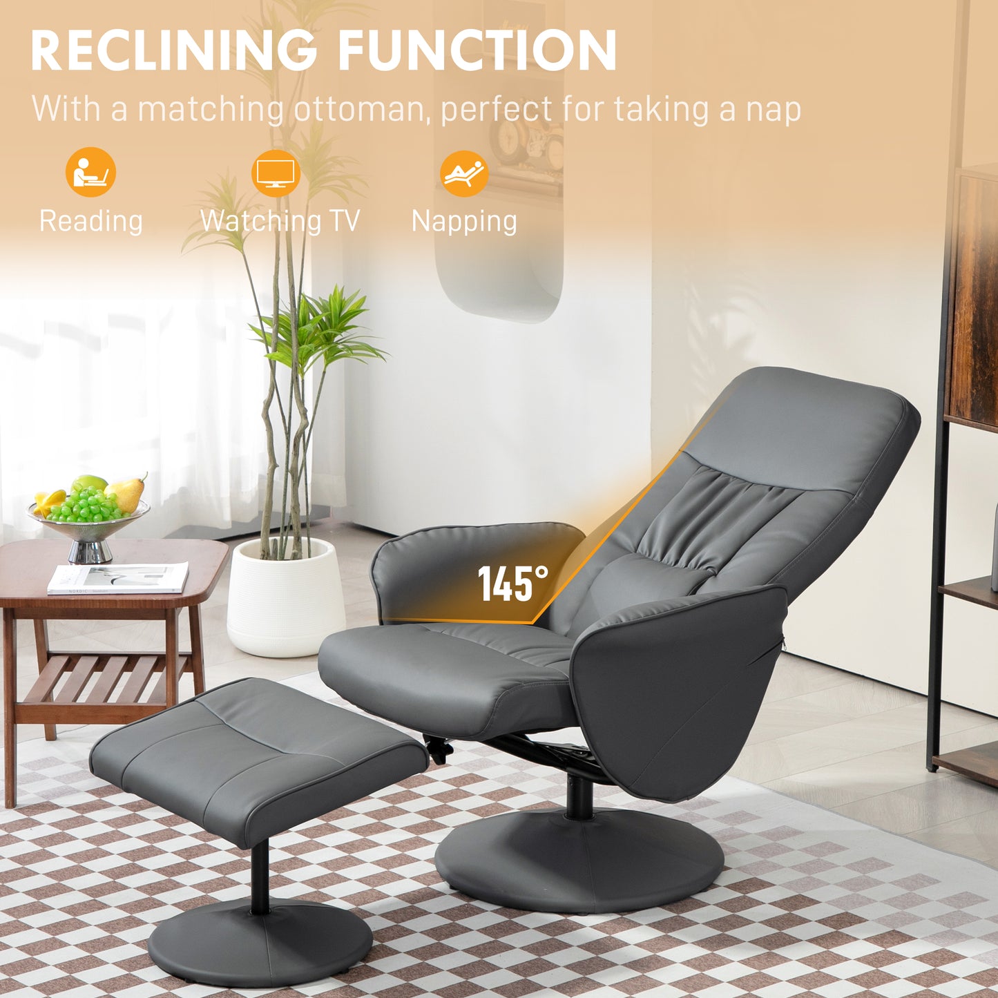Gray recliner chair with ottoman in a living room setting, highlighting reclining function.