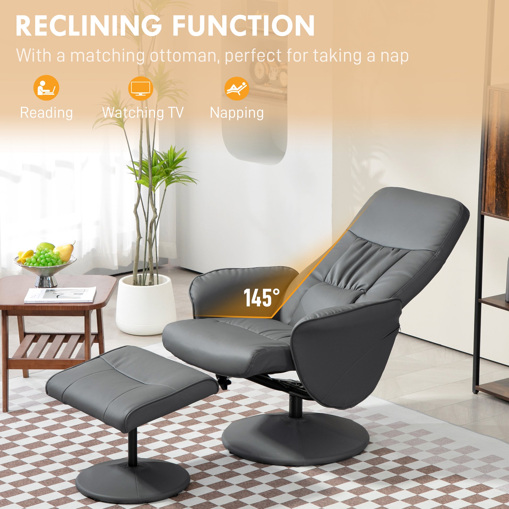 Gray recliner chair with ottoman in a living room setting, highlighting reclining function.