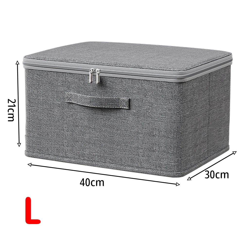Gray storage box with dimensions labeled on a white background