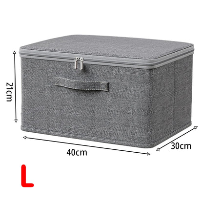 Gray storage box with dimensions labeled on a white background
