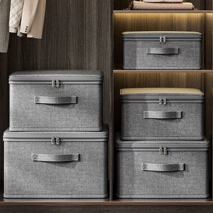 Set of gray storage boxes on wooden shelves