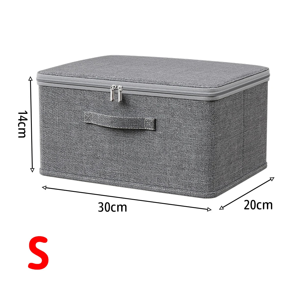 Gray storage box with dimensions on a white background