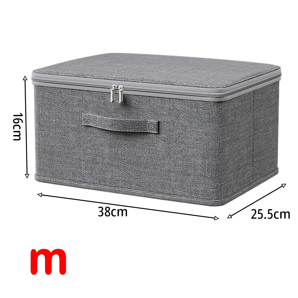 Gray storage box with dimensions on a white background