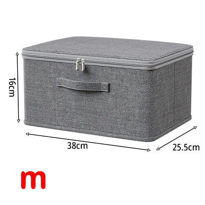 Gray storage box with dimensions on a white background