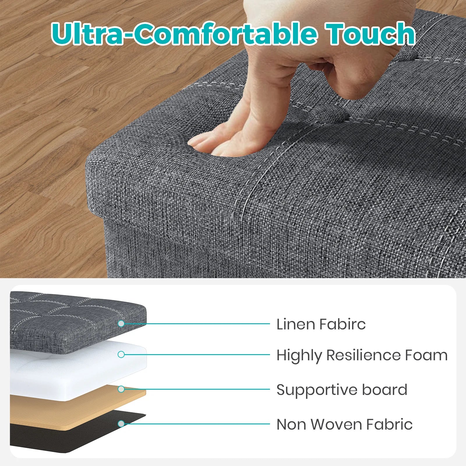 Gray cushion with a hand on top, labeled 'Ultra-Comfortable Touch', and a cross-section showing material layers.
