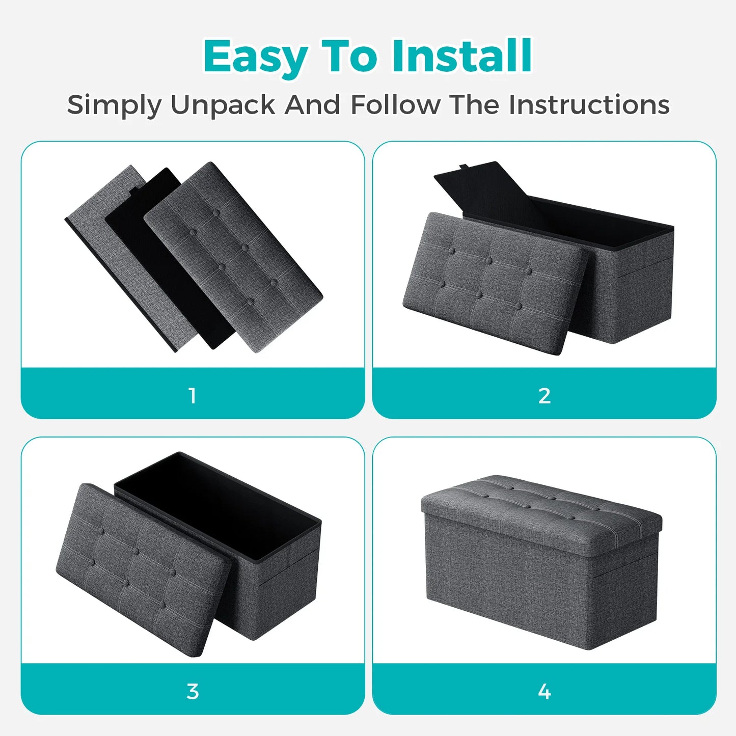 Step-by-step guide on how to assemble a gray storage bench with text 'Easy To Install' and 'Simply Unpack And Follow The Instructions'.