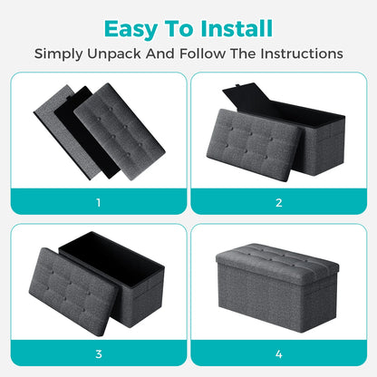 Step-by-step guide on how to assemble a gray storage bench with text 'Easy To Install' and 'Simply Unpack And Follow The Instructions'.