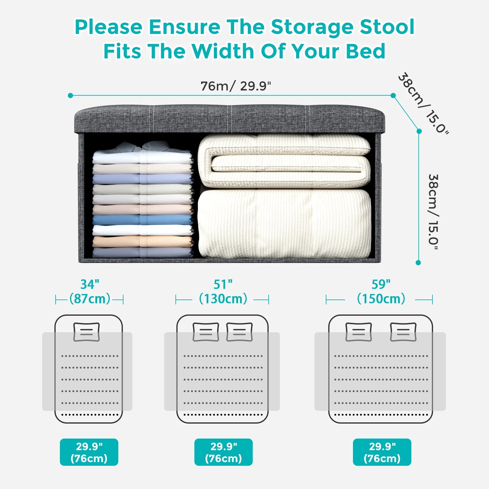 Storage stool with dimensions and bed width measurement guide on a white background