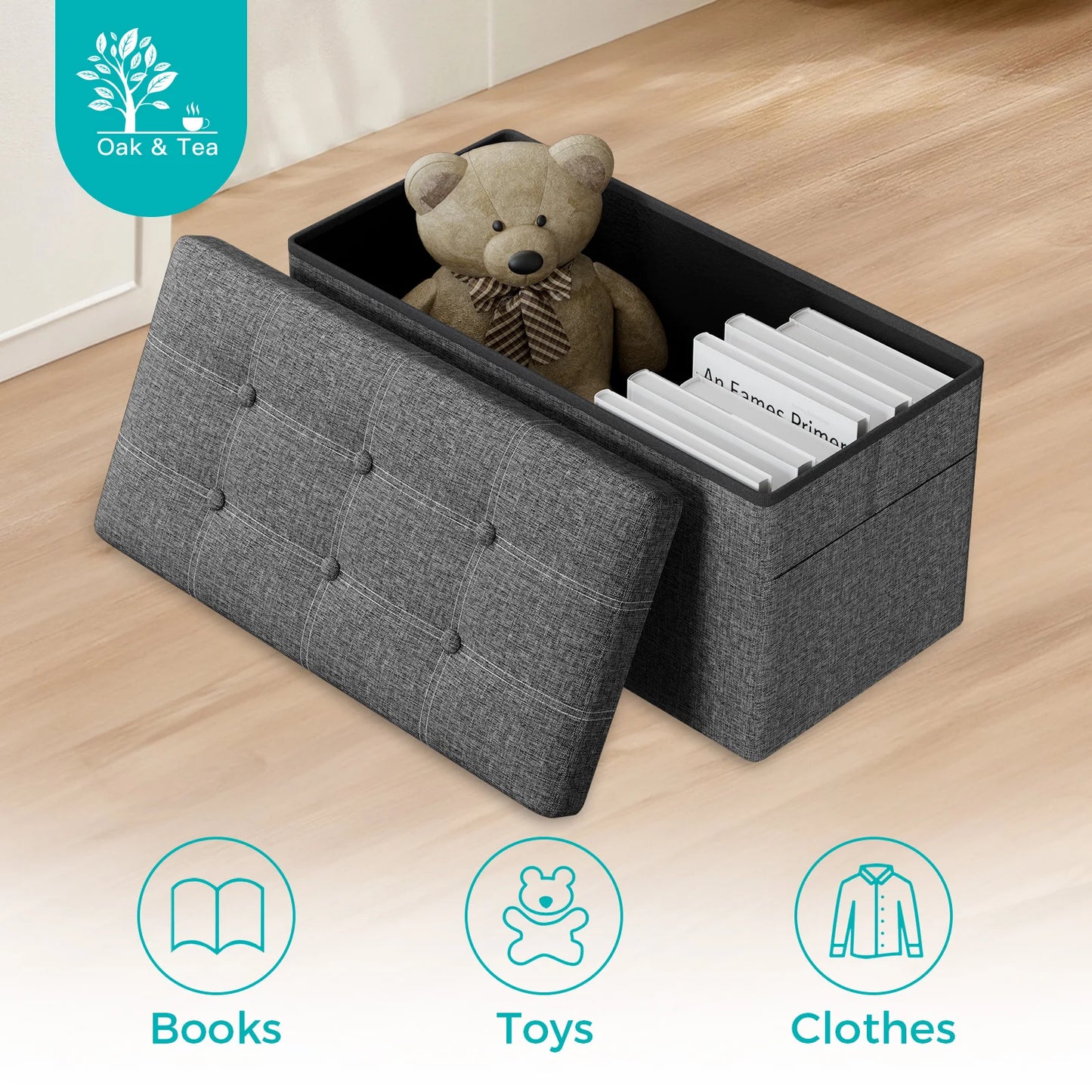 Gray storage bench with a teddy bear and books on a wooden floor, featuring the Oak & Tea brand.