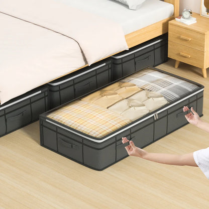 Black storage bed with mattress pulled out in a bedroom setting