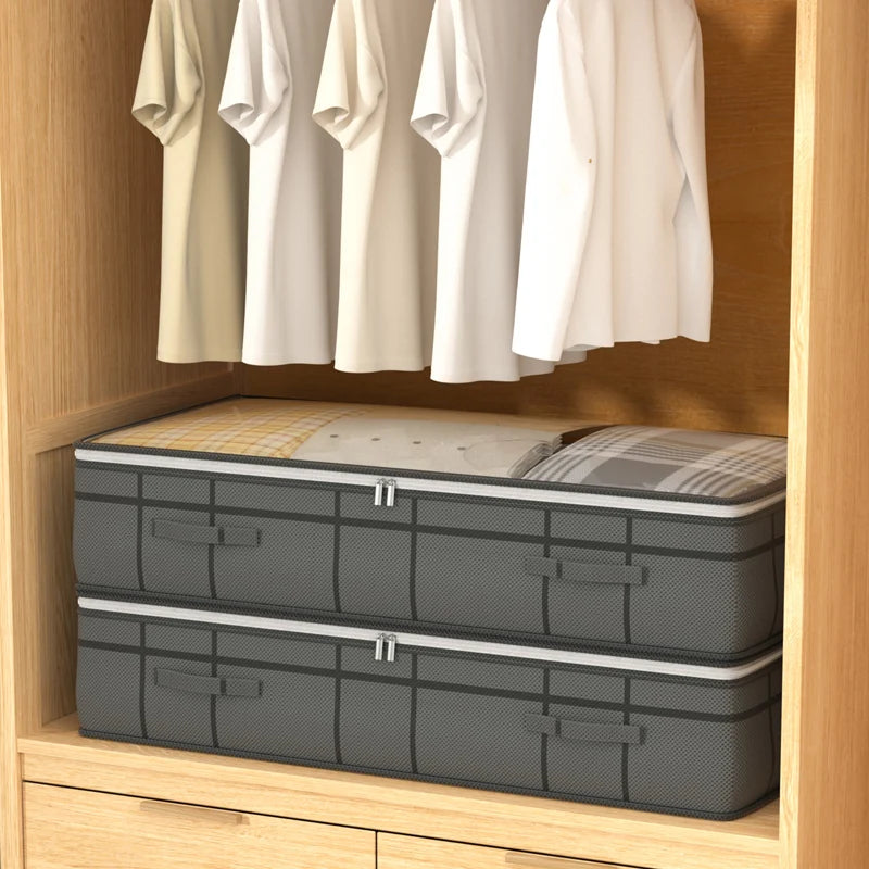 Stack of gray storage bins in a wooden wardrobe with hanging clothes.