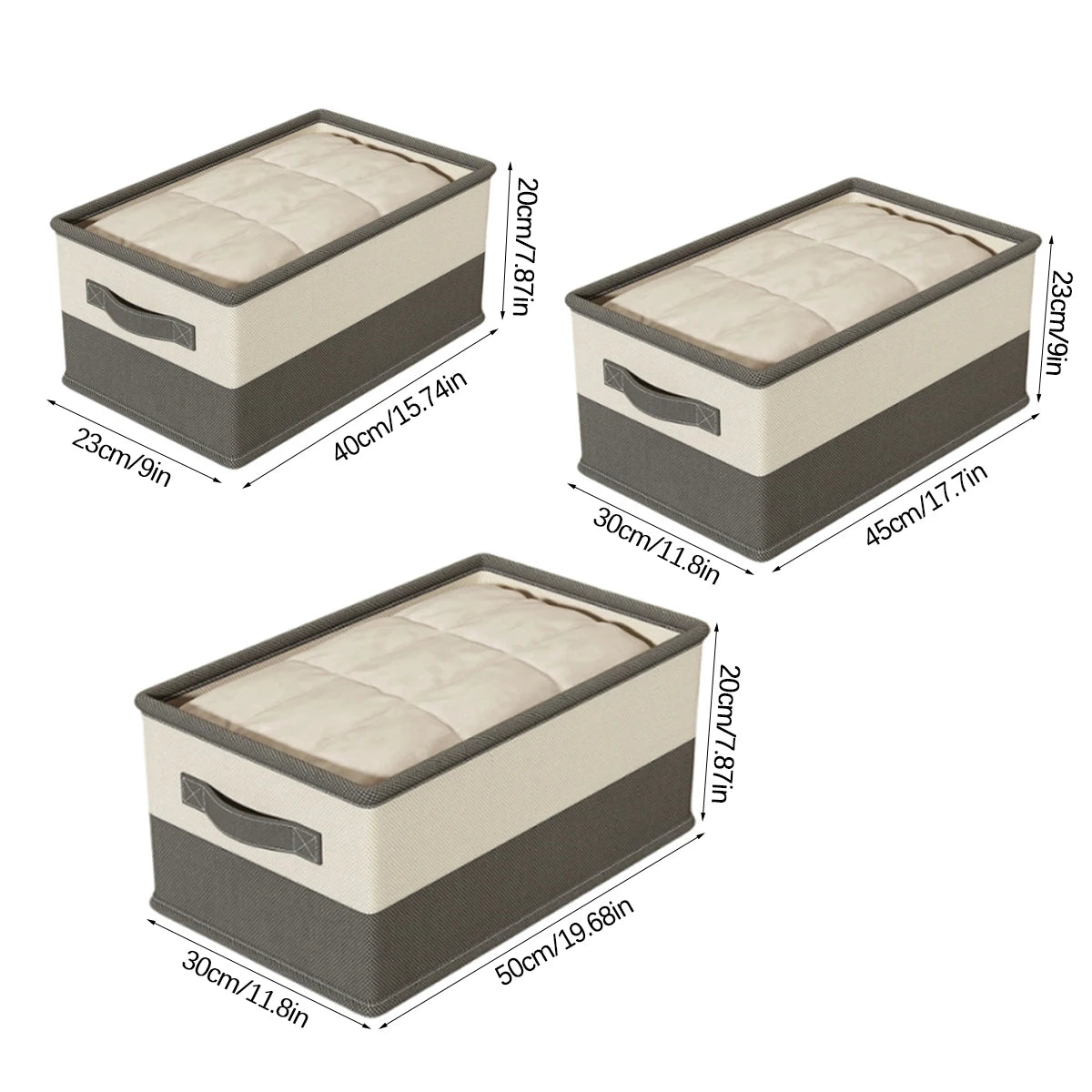 Three storage boxes with lids, shown from different angles and with dimensions labeled.