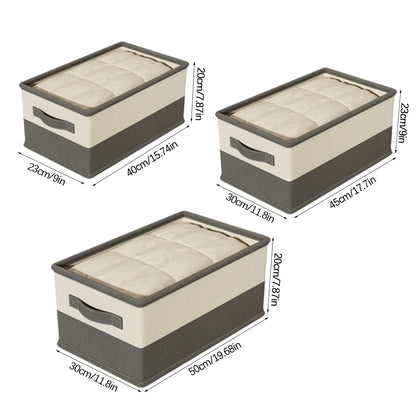 Three storage boxes with lids, shown from different angles and with dimensions labeled.