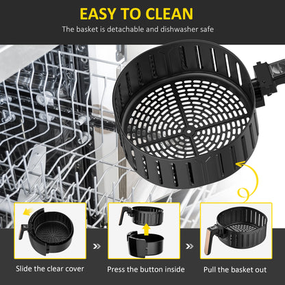 Black detachable basket with instructions on how to clean it, shown in a dishwasher.