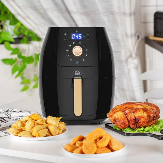 Black air fryer with digital display showing '045', surrounded by fried foods on a kitchen counter.