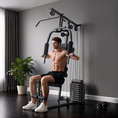 Man exercising on a home gym machine in a room with a plant and weights.