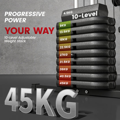 10-level adjustable weight stack with weights labeled from 4.5KG to 45KG on a gray background.