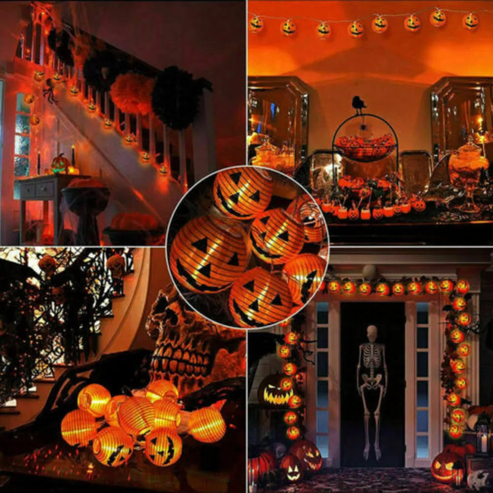 Halloween-themed decorations with string lights and pumpkins.