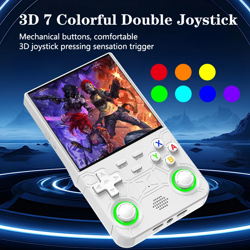 Handheld gaming console with 3D joystick and colorful buttons on a scenic background