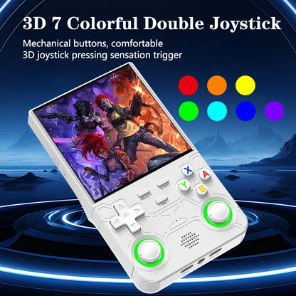 Handheld gaming console with 3D joystick and colorful buttons on a scenic background