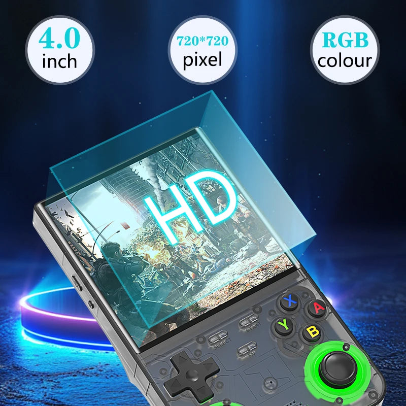 Handheld gaming console with 4.0-inch screen, 720x720 pixels, RGB color display, and 'HD' text on screen.