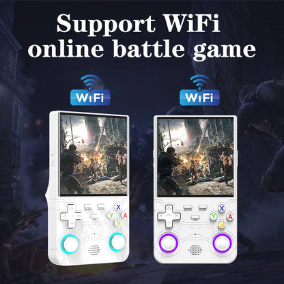 Two handheld gaming consoles with WiFi indicators on a dark background, displaying an online battle game.