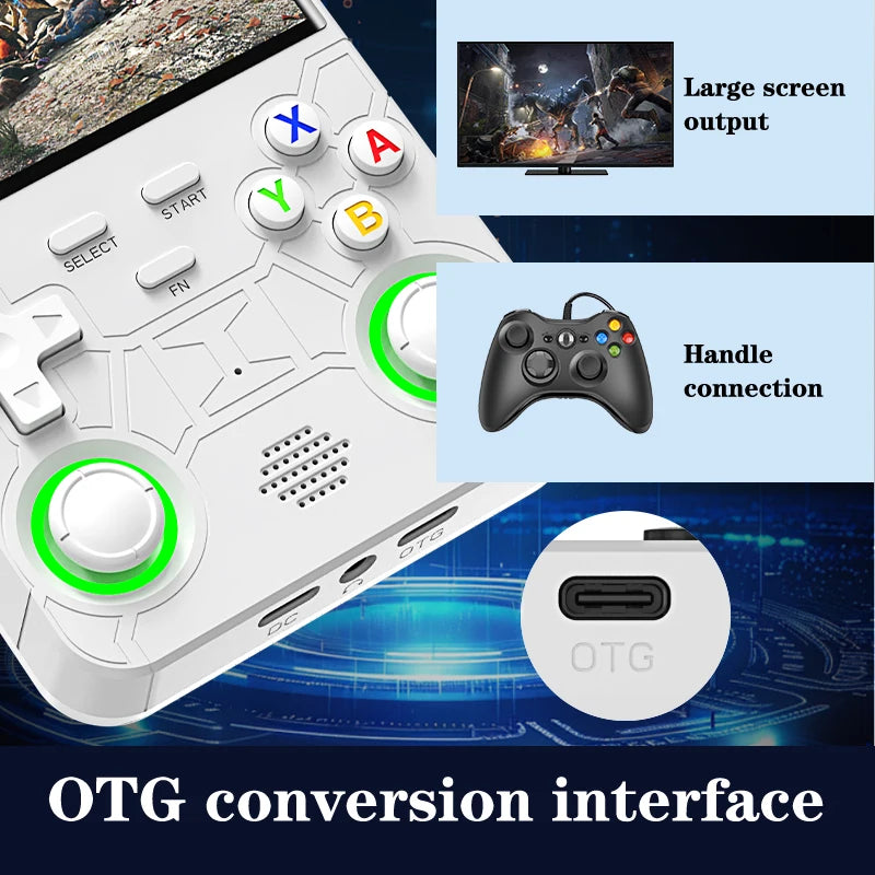 Gaming controller with OTG conversion interface features and screen output illustration.