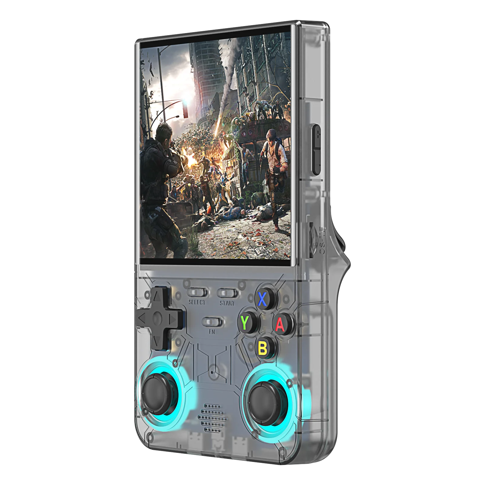 Handheld gaming console with transparent casing displaying a video game scene on screen.