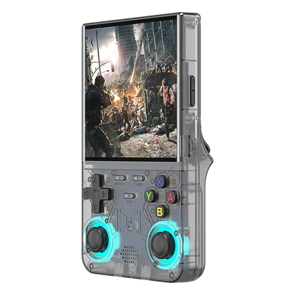 Handheld gaming console with transparent casing displaying a video game scene on screen.