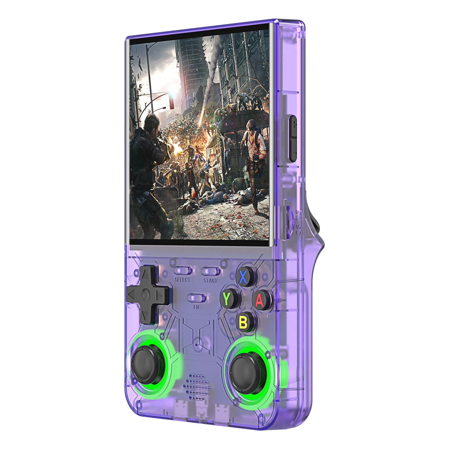 Handheld gaming console with transparent purple casing and green accents, displaying a video game on screen.