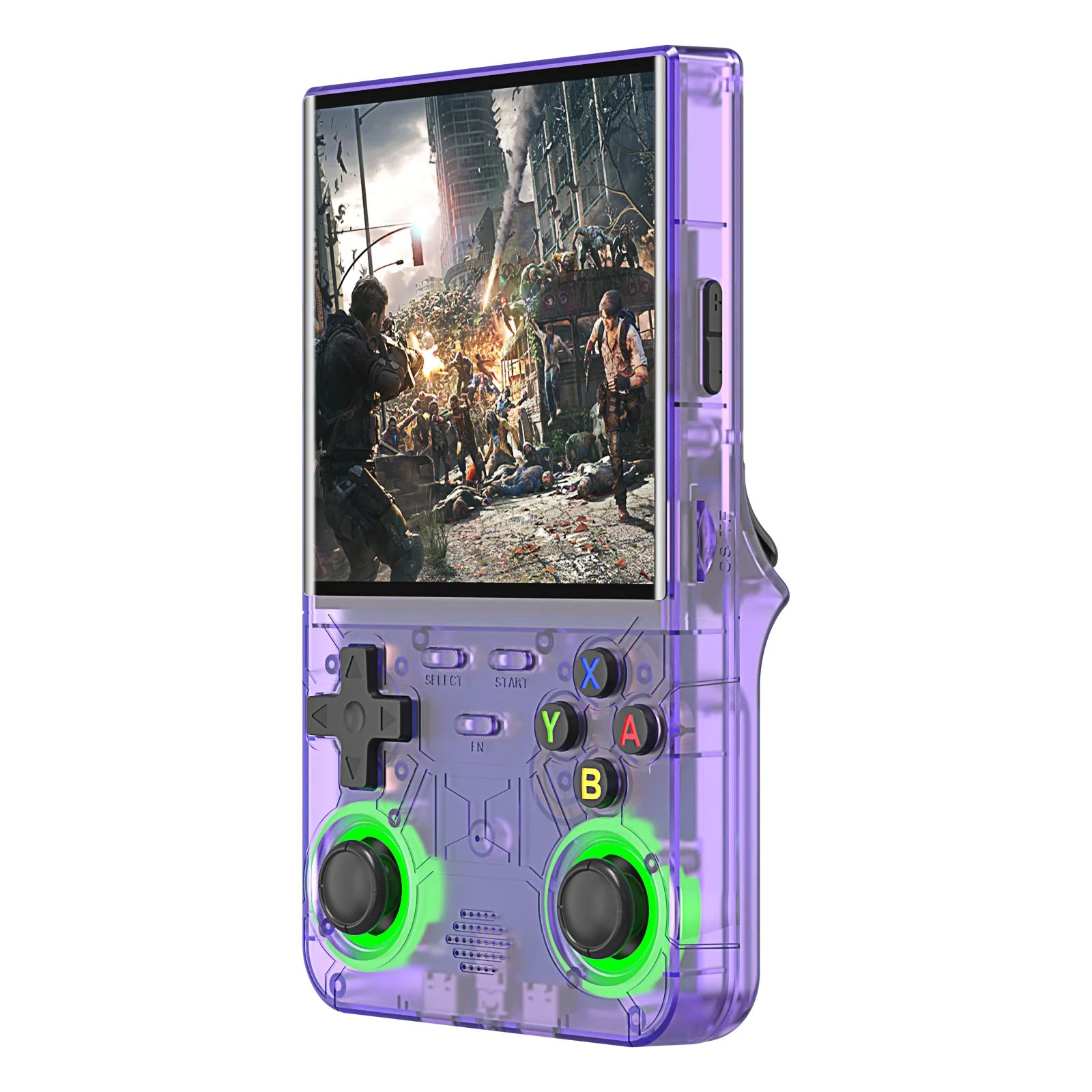 Handheld gaming console with transparent purple casing and green accents, displaying a video game on screen.