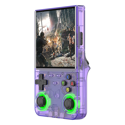 Handheld gaming console with transparent purple casing and green accents, displaying a video game on screen.