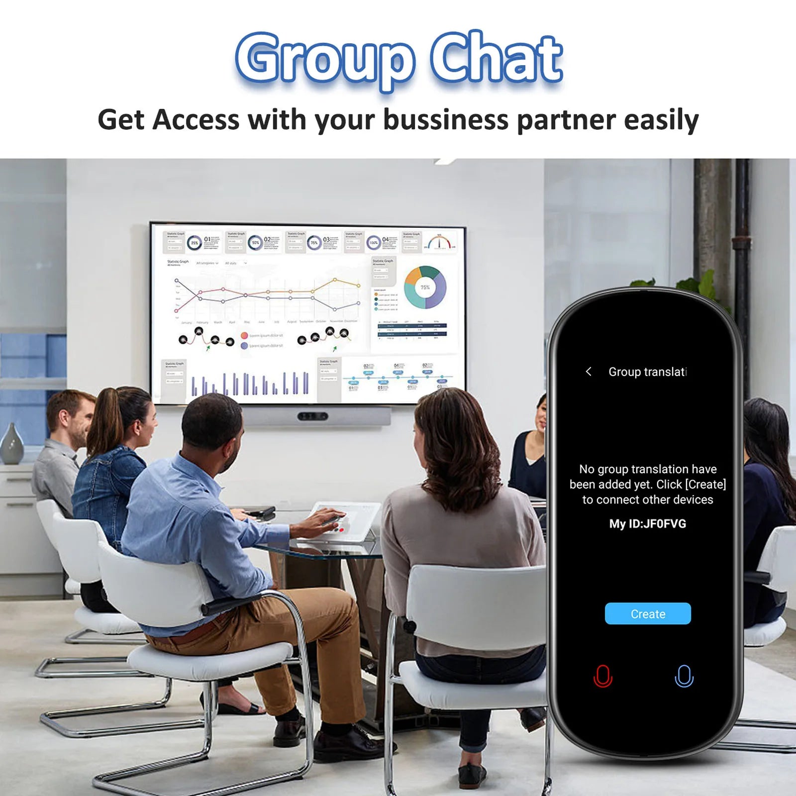Group chat interface on a smartphone with people in a meeting room discussing graphs and data.