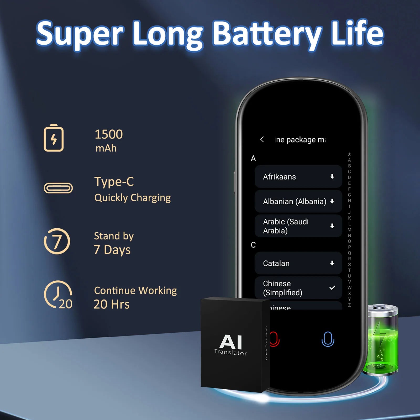 Smartphone with AI Translator app and battery life features on a dark blue background