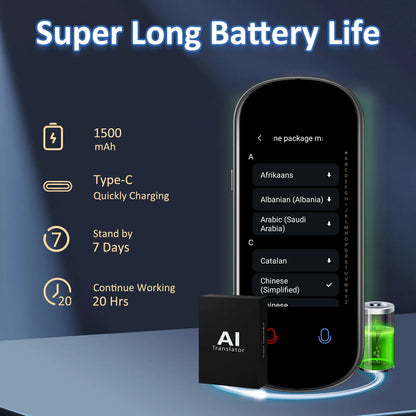 Smartphone with AI Translator app and battery life features on a dark blue background