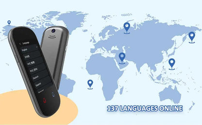Multilingual translation device with world map background showing language options.