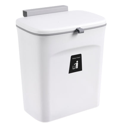 White wall-mounted trash can with a 'Keep Clean' label on a white background