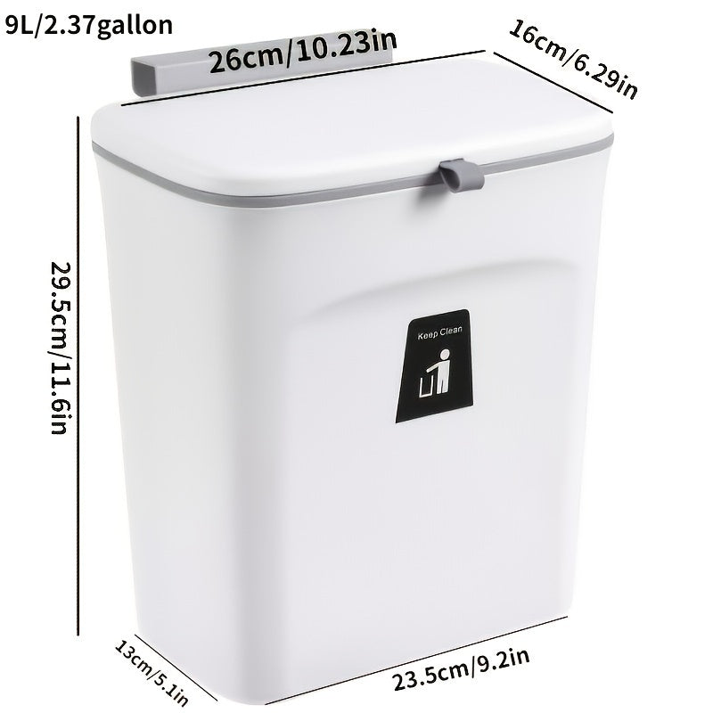 White trash bin with dimensions and a logo on a white background
