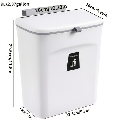 White trash bin with dimensions and a logo on a white background