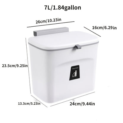 White trash bin with dimensions labeled on a white background
