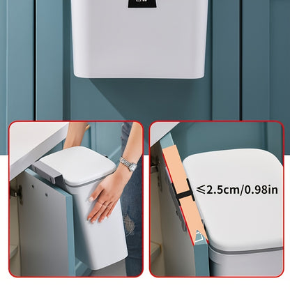 Smart trash can with touchless sensor and close-up of sensor mechanism.